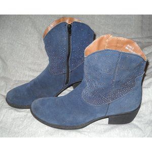 Blue Suede Leather b.o.c. Cowgirl Western Fashion Side-zip Ankle Boots, Sz 9